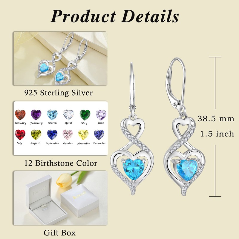 Rocayi Heart Aquamarine Earrings 925 Sterling Silver Infinity Dangle Drop