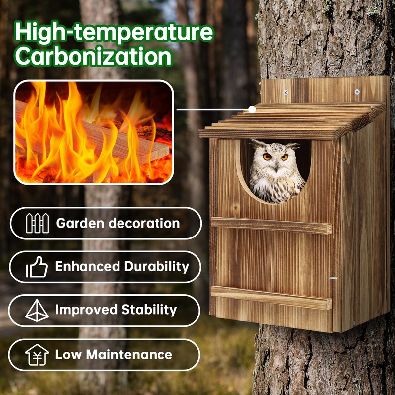 UUMENHA Durable Carbonized Cedar Owl House - 14.5×9×7.5 Inch Weather-Resistant