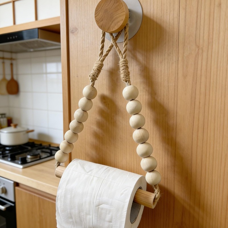 Wood Bead Toilet Paper Holder Boho Toilet Roll Holder Bathroom