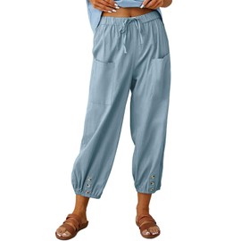 Women's Capri Pants High Waist Drawstring Cinch Bottom with Button Cotton Loose Casual Trouser with Pockets Lightblue