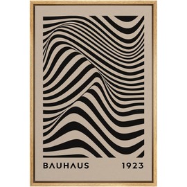 MUDECOR Framed Canvas Print Wall Art Mid-Century Bauhaus Black Stripe Illusion Shapes Abstract Illustrations Modern Art Minimal Multicolor Relax/Calm for Living Room, Bedroom, Office - 16"x24" NATURAL