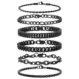 XIANNVXI 6 Pcs Stainless Steel Bracelets for Men Women Black Bracelet Cuban Chain Link Bracelet Mens Black Bracelets Rope Paperclip Chain Bracelets Set 7.5 Inches