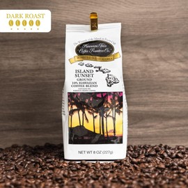 Hawaiian Isles Coffee Island Sunset, Dark Roast Ground Coffee, 10% Hawaiian Coffee Blend, Roasted with Aloha - 8 Ounce Bag