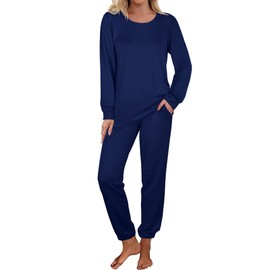 Aloodor Fall Outfits for Women Casual Resort Wear Sets Long Sleeve Clothing with Pockets Navy Blue XL