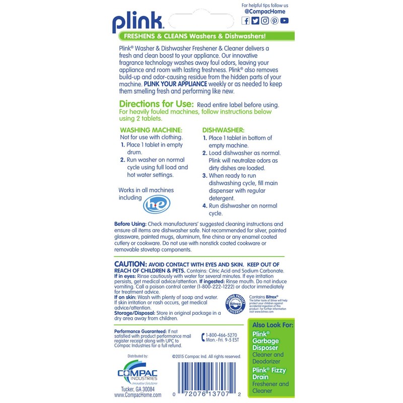 Compac Home Plink Appliance Freshener, Dishwasher, Washing Machine Cleaner, Water