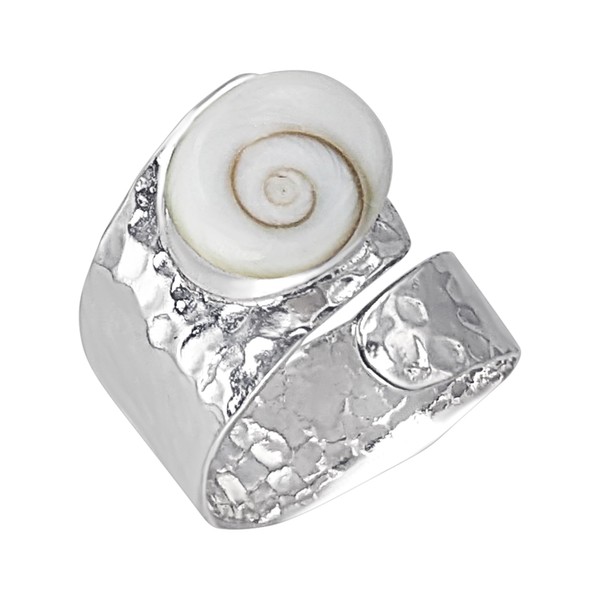 Silverly Sterling Silver Wide Hammered Ring With Shiva Eye Shell