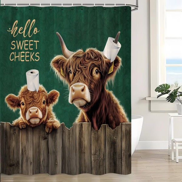 Funny Highland Cow Shower Curtain Rustic Bull Vintage Wood Board