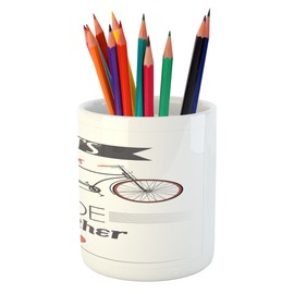 Lunarable Vintage Pencil Pen Holder, Double Bike Picture with Words Phrase and Heart Love Valentines Couples Image, Printed Ceramic Pencil Pen Holder for Desk Office Accessory, Grey Pink