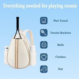 URSKYTOUS Tennis Bags for Women Quilted Large Tennis Sling Bag Crossbody Backpack Holds 2 Rackets Water Resistant Racket Bag Cover One Shoulder Pickleball Bags for Badminton Racquet Racketball (White)