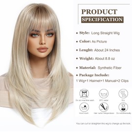 Esmee Long Straight Blonde Wigs for Women with Fringe Natural Synthetic Hair Ombre Wig for Daily & Party Use