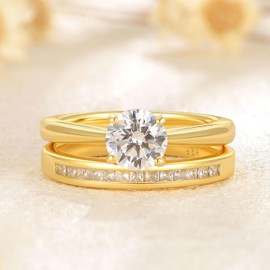 SHELOVES Yellow Gold Plated Sterling Silver Engagement Ring Sets Solitaire AAAAA Round CZ Wedding Band Size 7
