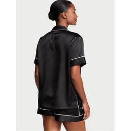 Victoria's Secret Satin Pajama Set, Long Sleeve Button Down & Pants, Pajamas for Women, Black Logo (New Look), S