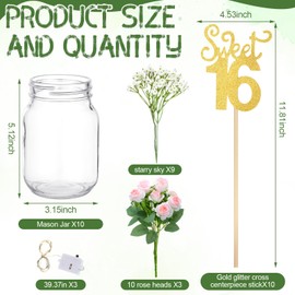Chengu 28 Pcs Sweet 16 Centerpieces Happy 16th Birthday Table Decorations with Gold Glitter Sticks Artificial Gypsophila Flowers Bouquet Mason Jars Lighted Cheers to 16 Years Old Birthday Anniversary