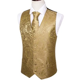 Barry.Wang Designer Waiscoat Vest for Men Necktie Hanky Cufflink Wedding Business Formal Dress Tuxedo, Gold, L
