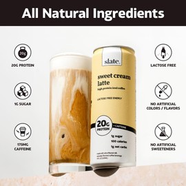 Slate Milk - High Protein Iced Coffee - Sweet Cream Latte - 175mg Caffeine, Lactose Free Energy - 20g Protein, 1g Sugar, 100 Calories, 1g Net Carbs, No Sugar Added - Protein Coffee - 11 fl oz, 24 Cans