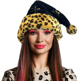 Hikkcos Black Santa Hat Christmas Leopard Santa Hat Furry Velvet Santa Hat for Adults Keep Warm Winter Xmas Christmas Party Accessory