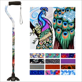 Nova Joy Designer Offset Quad Cane for Seniors - Unisex Adjustable Lightweight Walking Aid with Foam Handle, Wrist Strap and Anti-Rattle Lock - Essential Mobility Support - Proud Peacock