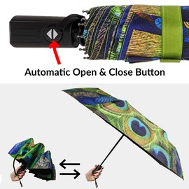 Folding Travel Umbrella - Compact, Light, Automatic, Strong and Portable - Wind Resistant, Small Folding Backpack Umbrella for Rain - Men and Women (Peacock)