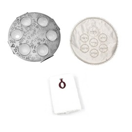 Unique Laser-Cut Stainless Steel Passover Seder Plate with Glass Insets, Matzah Cover + Towel Original Judaica Design (Lacey Pomegranates)