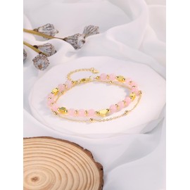 Jovivi Rose Quartz Gold Heart Bracelet Gifts for Women Mum Birthday,Adjustable Healing Crystal Beaded Bracelets for Womens Jewellery Gifts