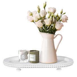 Urban Deco Decorative Trays for Home Decor, White Stripes Perfume Tray, Oval Wooden Trays for Coffee Table, Tea and Candle Tray for Living Room, Kitchen, Farmhouse Decor (1-Pk)