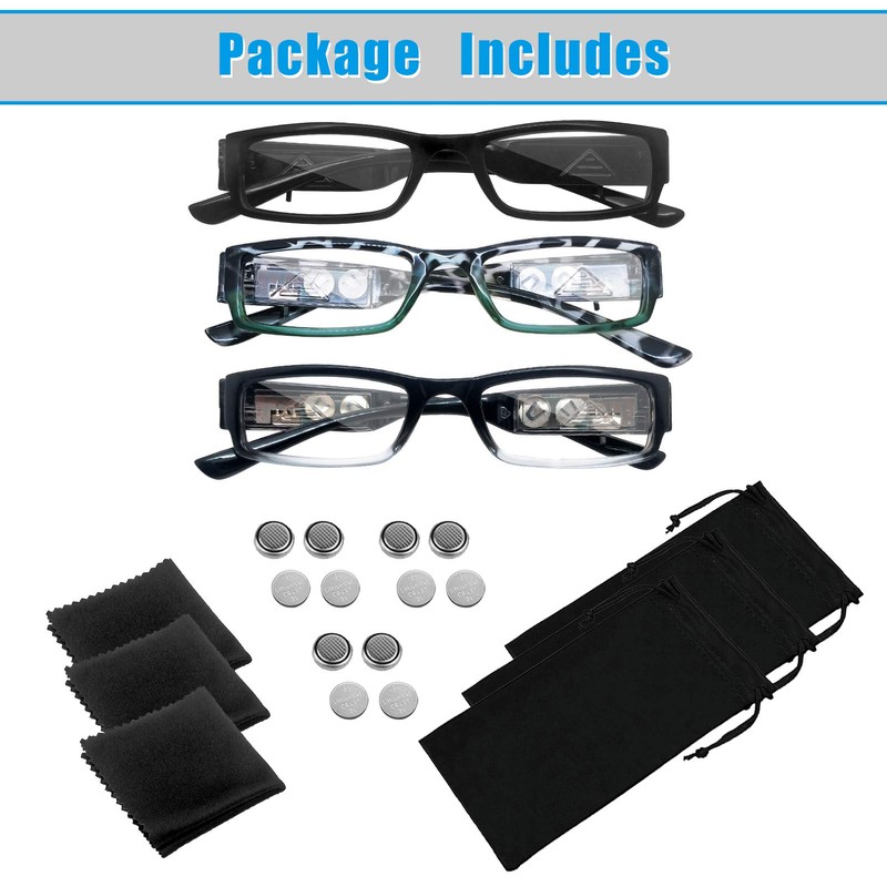 3 Pack Reading Glasses with Lights in The Frame for