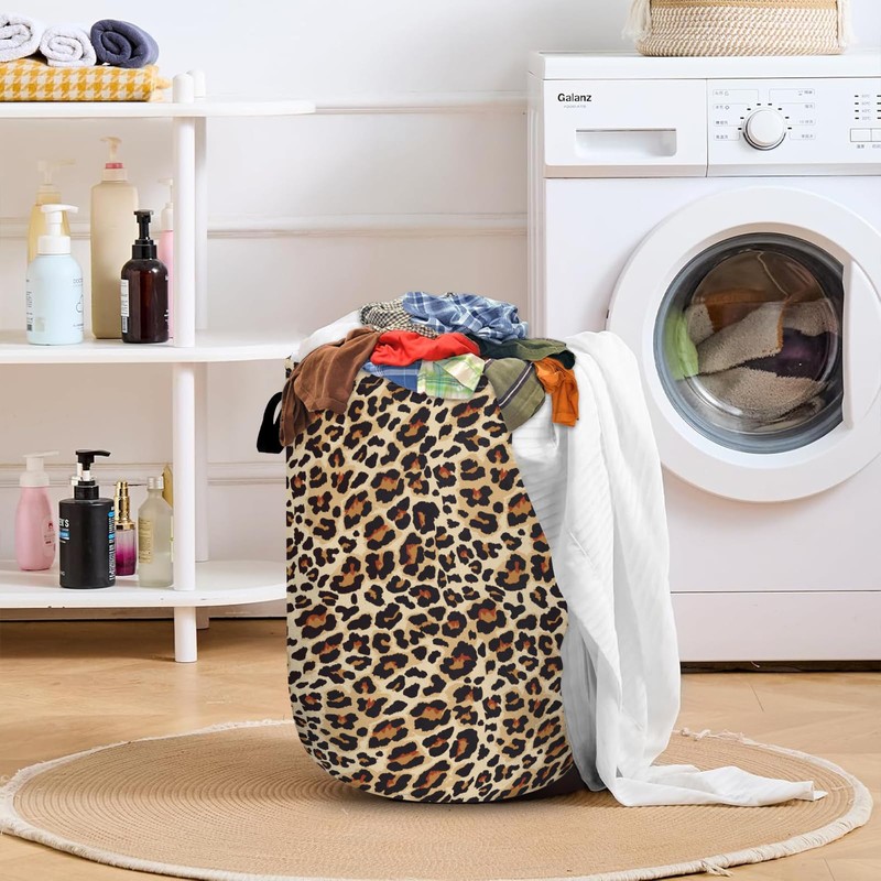 Brown Leopard Laundry Basket with Sturdy Handles, Natural Animal Skin