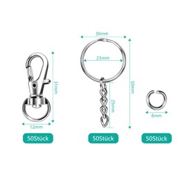 150 Piece Key Ring Set 50 Key Rings with Chain (23 mm) Key Ring with Split Rings 50 Jump Rings 50 Rotating Lobster Buckles Metal Clips for DIY Crafts, Jewellery Making