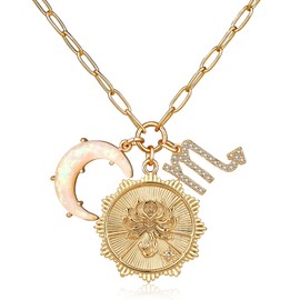 MISS RIGHT Gold Zodiac Scorpio Sign Coin Necklace with Opal Crescent Moon Charm for Women Trendy, Dainty Gold Paperclip Chain 12 Constellation Horoscope Necklaces Astrology Jewelry Gifts