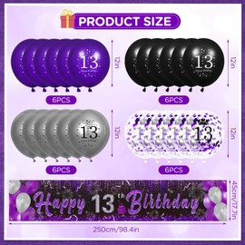 Purple 13th Birthday Decorations for Girls, Black Purple Silver Happy 13th Birthday Yard Banner and 24pcs 13th Birthday Balloons for 13th Birthday Anniversary Party Supplies Indoor Outdoor Decor