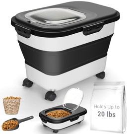 Dog Food Storage Container, 20-23Lbs Pet Food Container with Wheels, Scoop, Measuring Cup & Airtight Lids, Large Collapsible Travel Pet Dry Food Bin Keep Dog Treat Cat Food Bird Seed Fresh (Black)