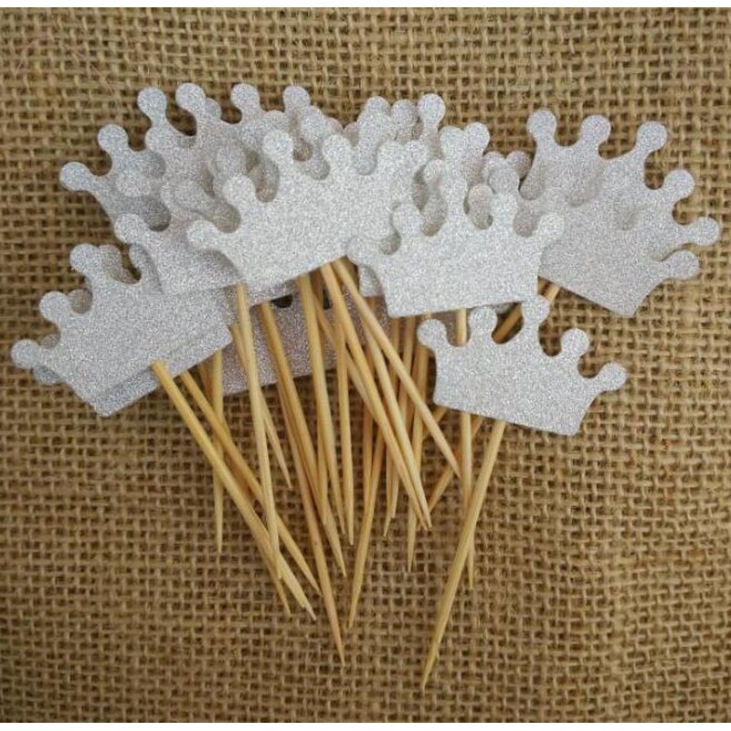 Shiningparty 25 Pack Silver Glitter Crown Cupcake Toppers for Birthday