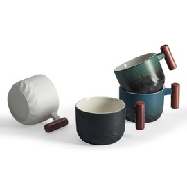 CLASGLAZ 6oz Ceramic Espresso Cups with Wooden Handle, Small Coffee Cups for Latte Cappuccino, Tea Cups Set of 4