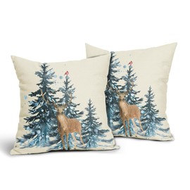 Winter Reindeer Pillow Covers 18X18 Inch Blue Watercolor Tree Forest Deer Bird Decorative Pillow Cases Seasonal Animal Square Throw Pillows Set of 2 Home Decor for Sofa Porch Couch Outdoor