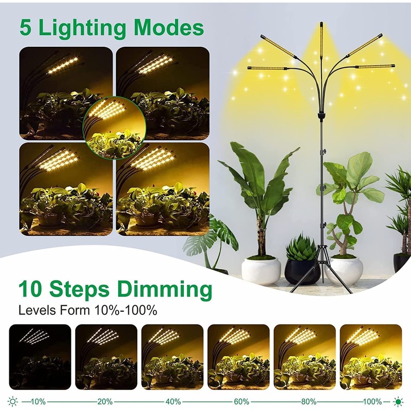 5-Head Adjustable LED Lights, Full Spectrum Grow Lamp with Timer,