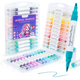 SAVZJSD 24 Colors Dual Tip Premium Acrylic Paint Markers, Brush & Fine Tips Acrylic Markers for Paper, Canvas, Rock, Garment, Woods,Glass,Ceramic, Plastic,Fabric, Painting, Steel& Art Supplies