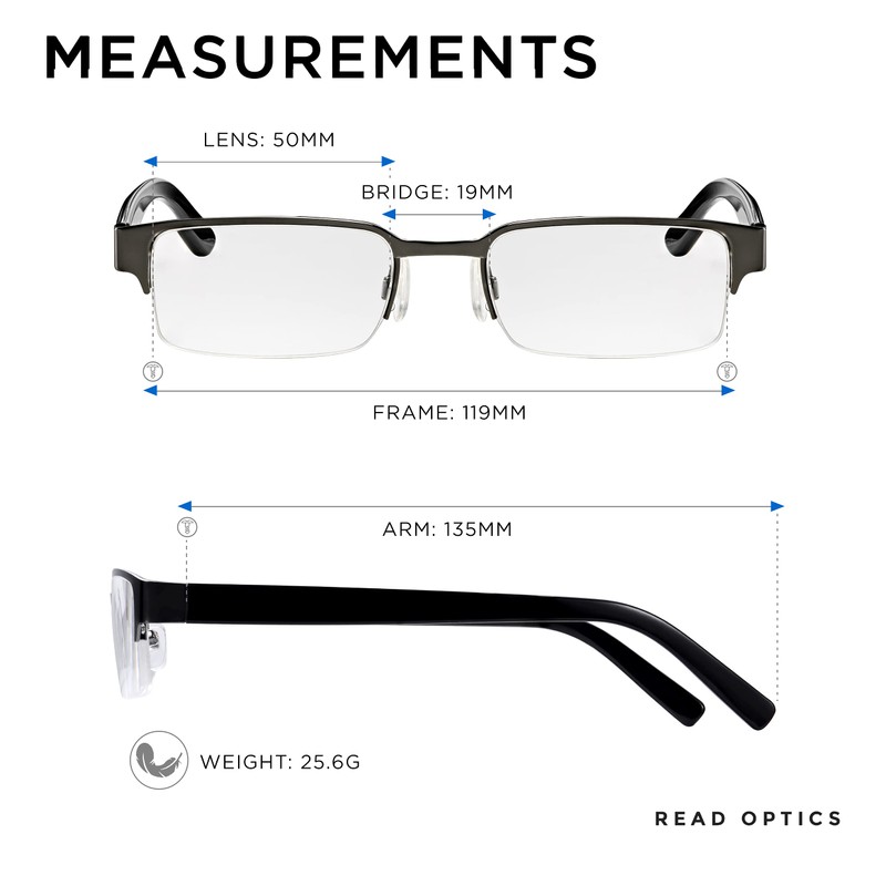 Read Optics Lesebrille für Herren 2,5, rechteckige Metallbrille, verstellbare Federscharniere