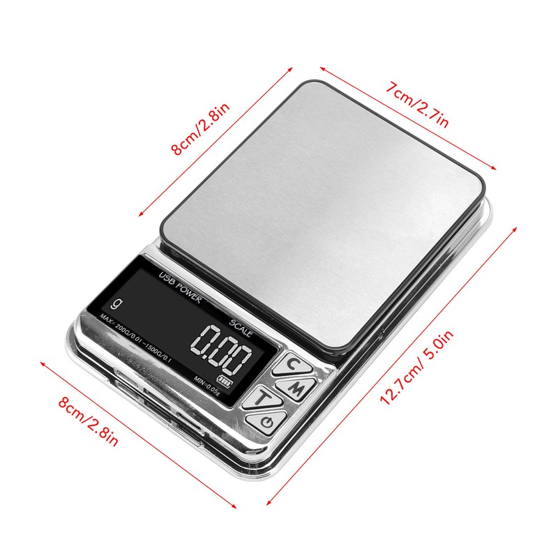 Home Digital Kitchen Scale 200g/0.01g‑1500g/0.1 High Accuracy USB Rechargeable Stainless