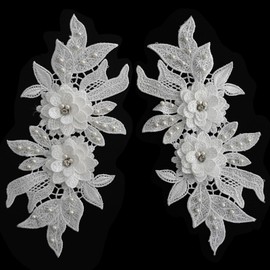 Qililandiy Pair of Embroidery Sequin Lace Applique Sewing Flower Fabric Collar Patch for Wedding Gown Dress Bridal DIY Crafts (White)