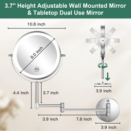 Anfauny 8" Rechargeable Wall Mounted & Tabletop Lighted Makeup Mirror - Height Adjustable & 10X Magnifying LED Vanity Mirror - 3 Color Dimmable Lights - 360° Swivel Extendable Light Up Bathroom Mirror