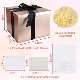 Gift Box Set, Rose Gold Gift Box with Lids Deep Gift Box with Ribbon 23x23x18cm Gift Box Shredded Tissue Paper Greeting Cards for Christmas Birthday Wedding Anniversary