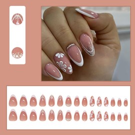 Winter Press on Nails Short Almond - MINGCHUN Spring Pink Fake Nails Press ons Nails Tips Glue on White French Nails with Flower 3D Rhinestones Glitter Design Full Cover False Nails Glue on Nail 30Pcs