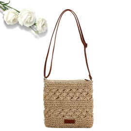 EujRcf Straw Bag,Summer Straw Bag for Women,Small Beach Crossbody Bag with Zipper and Adjustable Strap, Weave Handmade Shoulder Handbags for Summer Holiday Beach Travel (Beige)