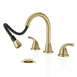 Phiestina Pull Down Sprayer Bathroom Faucet, Brushed Gold 8 Inch 3 Hole Widespread Pull Out Bathroom Faucet, with Pop Up Drain and Water Supply Line,BF04008-B11-BG