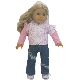 Pink Floral Hooded Jacket & Embroidered Jeans fit 18" American Girl Size Doll