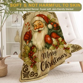 ainori Retro Christmas Decorative Blanket, Santa Candy Cane Holly Berry Print Throw Decoration, Soft Flannel Winter Blankets for Couch Bed Sofa, Holiday Home Decor, Xmas Festival Gifts 50x60 Inch