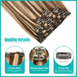 SURNEL Clip in Human Hair Extensions Silk Soft Remy Human Hair Color 4 Medium Brown Highlighted 27 Caramel Blonde Clip in Hair Extensions 18 inch 120 Gram 6 Pcs Double Weft (#4P27, 18'')