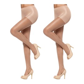 HUE Women's So Silky Control Top Sheer Tights With Invisible Reinforced Toe, Tan - 2 Pair Pack, 1