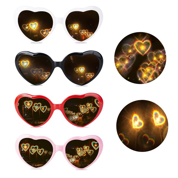 AWAVM 4 Pieces Heart Glasses Effect, 3D Heart Glasses, Diffraction Glasses, Funny Glasses for Carnival, Music Festivals, Party, Bar, Fireworks, Music, Outdoors, Party, Bar, Night Club