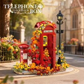MEIEST Red London Telephone Box Building Blocks Set for Adults,Ideas Flowers Phone Booth Mailbox and streetlights,Creative Gift Home Office Retro Decor